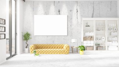 Modern iç moda sarı kanepe, dikey boş çerçeve ve yatay düzenleme boşaltmak. 3D render.