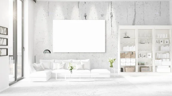 Panoramic view in interior with white leather couch, empty frame and copyspace in horizontal arrangement. 3D rendering. — Stock Photo, Image