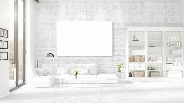 Panoramablick im Innenraum mit weißer Ledercouch, leerem Rahmen und Kopierraum in horizontaler Anordnung. 3D-Darstellung. — Stockfoto