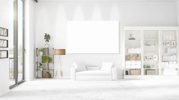 白の革のソファ、空のフレーム水平配置で copyspace とインテリアでパノラマの景色。3 d レンダリング. — ストック写真