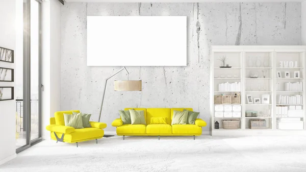 Modernes Interieur im Trend mit gelber Couch, vertikalem Leerrahmen und Kopierraum in horizontaler Anordnung. 3D-Darstellung. — Stockfoto