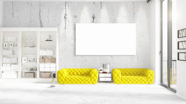 在黄色的沙发，垂直的空框架和 copyspace 水平排列在时尚的现代室内。3d 渲染. — 图库照片