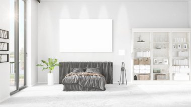 Şık modern loft iç boş çerçeve ve boşaltmak yatay düzenleme ile. 3D render.