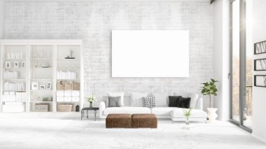 Şık modern loft iç boş çerçeve ve boşaltmak yatay düzenleme ile. 3D render.