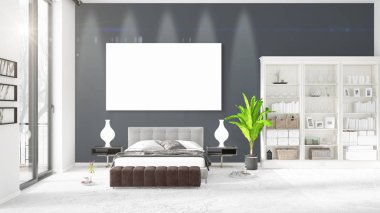 Şık modern loft iç boş çerçeve ve boşaltmak yatay düzenleme ile. 3D render.