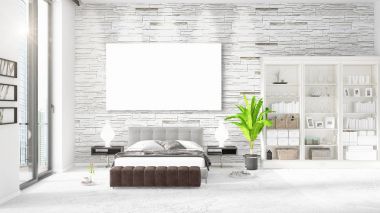 Şık modern loft iç boş çerçeve ve boşaltmak yatay düzenleme ile. 3D render.