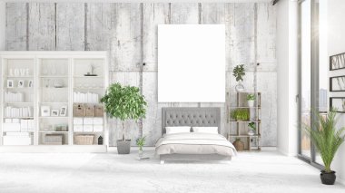 Şık modern loft iç boş çerçeve ve boşaltmak yatay düzenleme ile. 3D render.