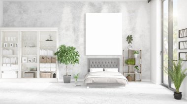 Şık modern loft iç boş çerçeve ve boşaltmak yatay düzenleme ile. 3D render.