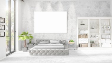 Şık modern loft iç boş çerçeve ve boşaltmak yatay düzenleme ile. 3D render.