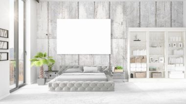 Şık modern loft iç boş çerçeve ve boşaltmak yatay düzenleme ile. 3D render.