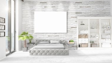 Şık modern loft iç boş çerçeve ve boşaltmak yatay düzenleme ile. 3D render.