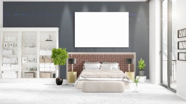 Şık modern loft iç boş çerçeve ve boşaltmak yatay düzenleme ile. 3D render.