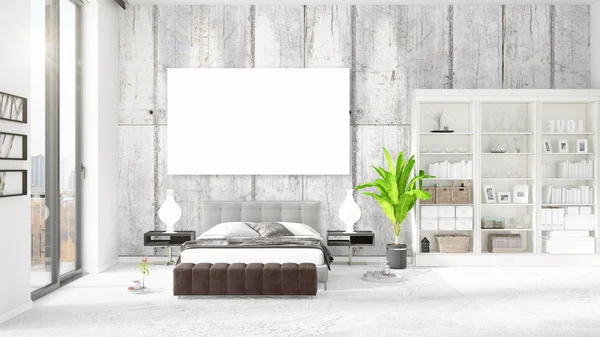 Fashionable modern loft interior with empty frame and copyspace in horizontal arrangement. 3D rendering. — Stock Photo, Image