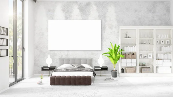 Modieuze moderne loft interieur met leeg frame en copyspace in horizontale regeling. 3D-rendering. — Stockfoto