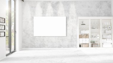 Şık modern boş temiz oda içi boş çerçeve ve yatay düzenleme boşaltmak. 3D render.