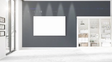 Şık modern boş temiz oda içi boş çerçeve ve yatay düzenleme boşaltmak. 3D render.
