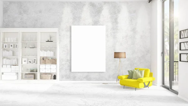 Interior modern Fashionable dengan recliner kuning dan bingkai kosong dan ruang penyalinan dalam pengaturan vertikal. Perender 3D . — Stok Foto