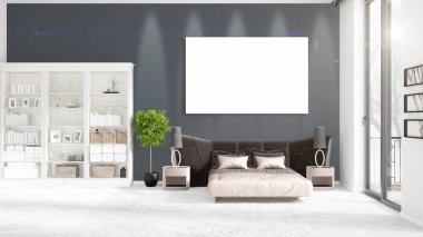 Şık modern loft iç boş çerçeve ve boşaltmak yatay düzenleme ile. 3D render.