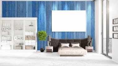 Şık modern loft iç boş çerçeve ve boşaltmak yatay düzenleme ile. 3D render.