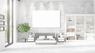 Şık modern loft iç boş çerçeve ve boşaltmak yatay düzenleme ile. 3D render.