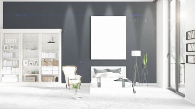 Şık modern loft iç boş çerçeve ve boşaltmak yatay düzenleme ile. 3D render.