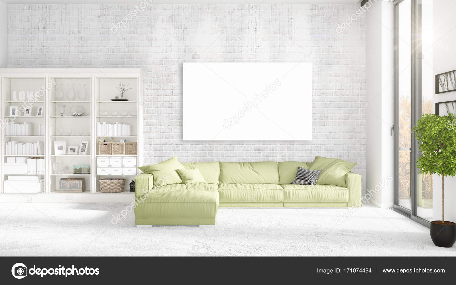 Loft-Interieur mit Panoramablick, grüne Plüsch Diwan, leeren Rahmen ... Loft-Interieur mit Panoramablick, grüne Plüsch Diwan, leeren Rahmen ...