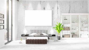 Şık modern loft iç boş çerçeve ve boşaltmak yatay düzenleme ile. 3D render.