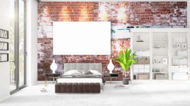 Şık modern loft iç boş çerçeve ve boşaltmak yatay düzenleme ile. 3D render.