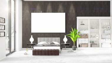 Şık modern loft iç boş çerçeve ve boşaltmak yatay düzenleme ile. 3D render.