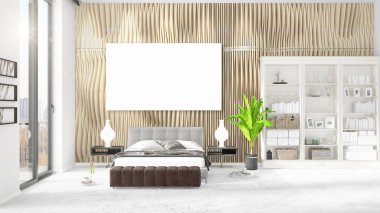 Şık modern loft iç boş çerçeve ve boşaltmak yatay düzenleme ile. 3D render.