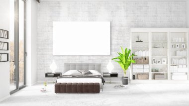 Şık modern loft iç boş çerçeve ve boşaltmak yatay düzenleme ile. 3D render.