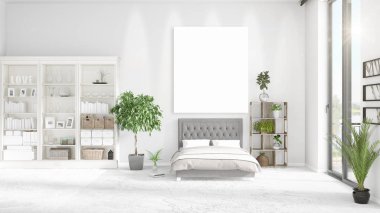 Şık modern loft iç boş çerçeve ve boşaltmak yatay düzenleme ile. 3D render.