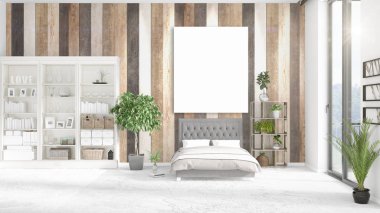 Şık modern loft iç boş çerçeve ve boşaltmak yatay düzenleme ile. 3D render.