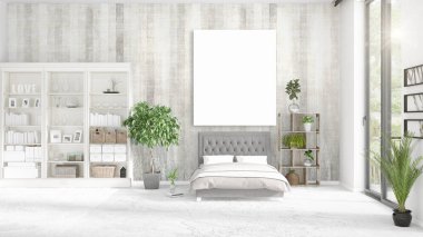 Şık modern loft iç boş çerçeve ve boşaltmak yatay düzenleme ile. 3D render.