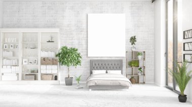 Şık modern loft iç boş çerçeve ve boşaltmak yatay düzenleme ile. 3D render.