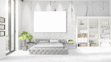 Şık modern loft iç boş çerçeve ve boşaltmak yatay düzenleme ile. 3D render.