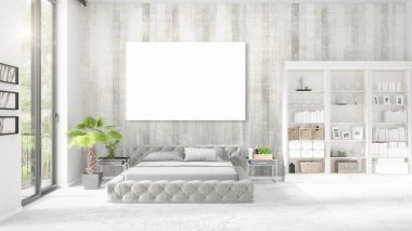 Şık modern loft iç boş çerçeve ve boşaltmak yatay düzenleme ile. 3D render.