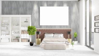 Şık modern loft iç boş çerçeve ve boşaltmak yatay düzenleme ile. 3D render.