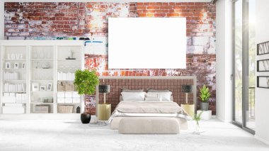 Şık modern loft iç boş çerçeve ve boşaltmak yatay düzenleme ile. 3D render.