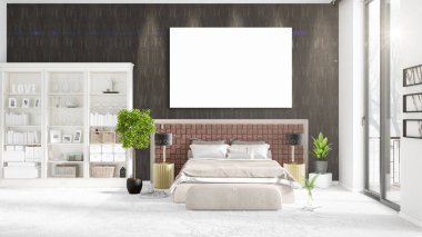 Şık modern loft iç boş çerçeve ve boşaltmak yatay düzenleme ile. 3D render.