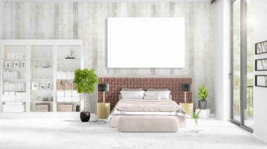 Şık modern loft iç boş çerçeve ve boşaltmak yatay düzenleme ile. 3D render.