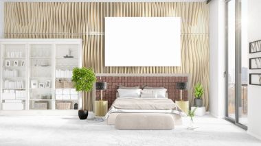 Şık modern loft iç boş çerçeve ve boşaltmak yatay düzenleme ile. 3D render.