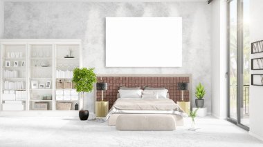 Şık modern loft iç boş çerçeve ve boşaltmak yatay düzenleme ile. 3D render.