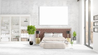 Şık modern loft iç boş çerçeve ve boşaltmak yatay düzenleme ile. 3D render.