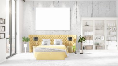 Şık modern loft iç boş çerçeve ve boşaltmak yatay düzenleme ile. 3D render.