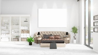 Şık modern loft iç boş çerçeve ve boşaltmak yatay düzenleme ile. 3D render.