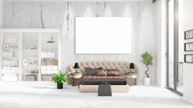 Şık modern loft iç boş çerçeve ve boşaltmak yatay düzenleme ile. 3D render.