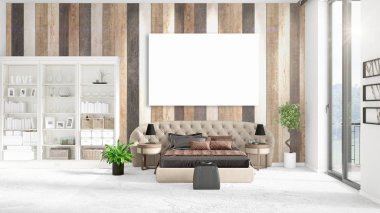 Şık modern loft iç boş çerçeve ve boşaltmak yatay düzenleme ile. 3D render.