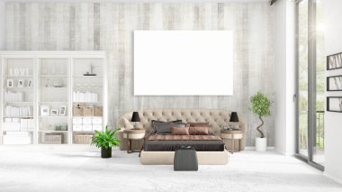 Şık modern loft iç boş çerçeve ve boşaltmak yatay düzenleme ile. 3D render.