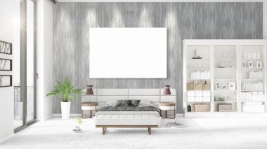 Şık modern loft iç boş çerçeve ve boşaltmak yatay düzenleme ile. 3D render.